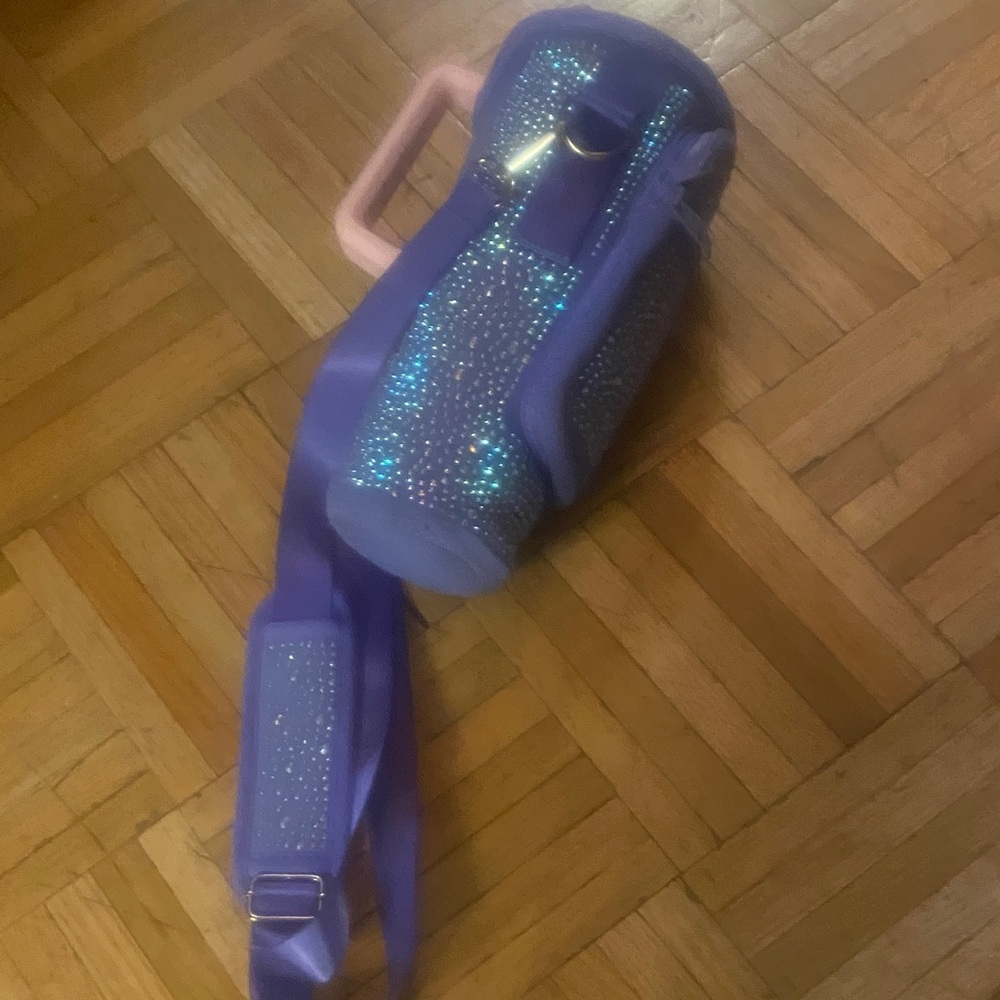 Thermos bottle sling Sparkling Purple and Pink Crossbody with wallet zip area.